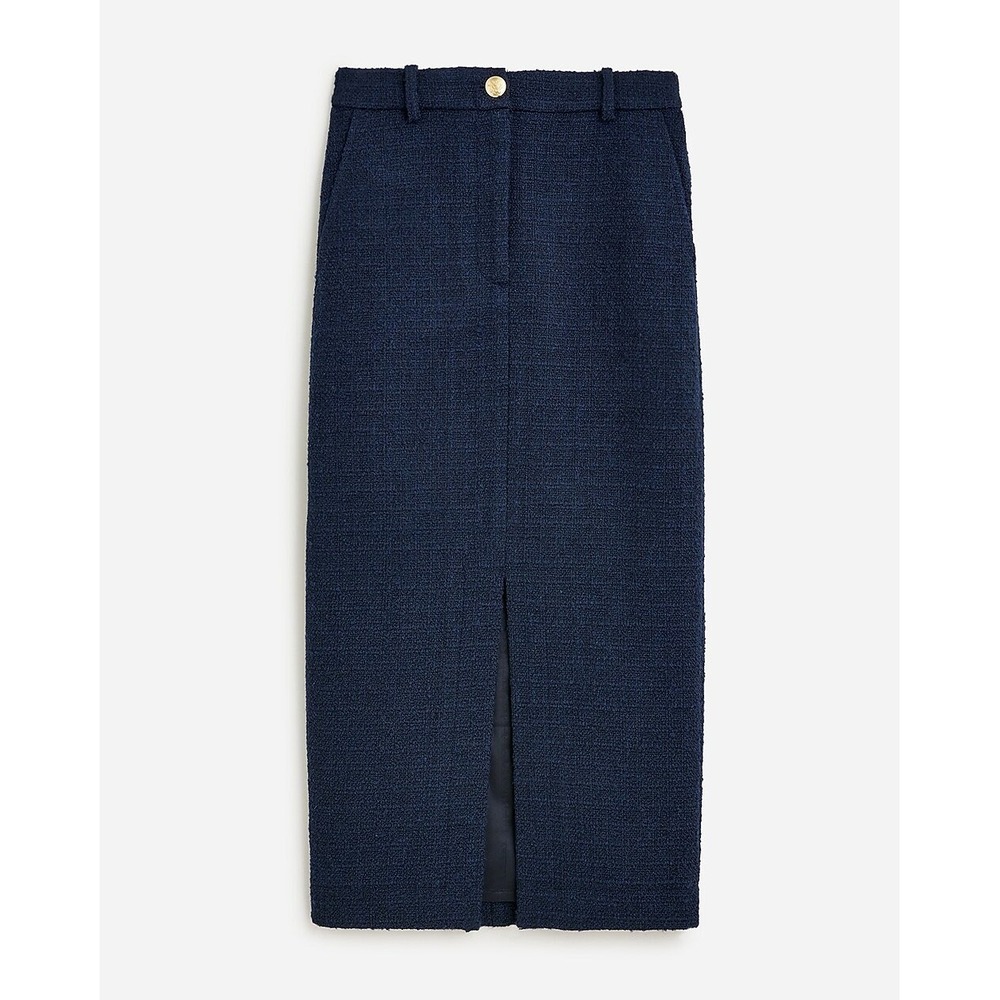 NWT J.Crew Maritime Tweed Navy Blue Midi Pencil Skirt Size 0 Wool Blend Business